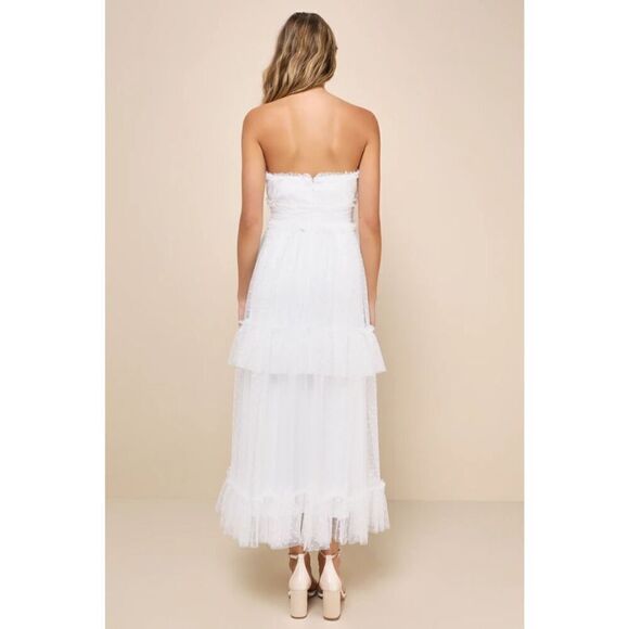 Lulus Womens Delightful Bliss White Mesh Swiss Dot Strapless Midi Dress Large - Picture 3 of 16